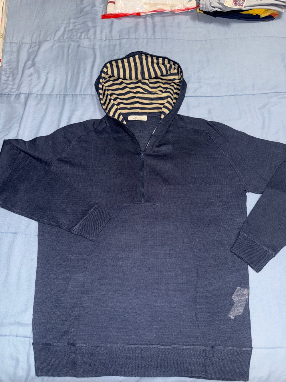 Zara Navy Hooded Pullover with Striped Lined Hood